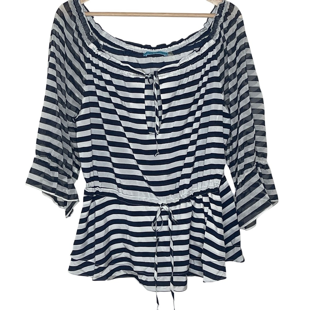 Alice‎ + Olivia Striped Off-Shoulder Peplum Blouse Large Sheer   Ruffle Sleeve L